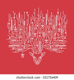 Christmas postcard, art deco linear style new year background, banner with decorative lineart deer horns. 