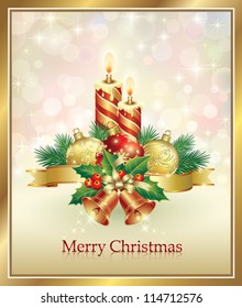 christmas postcard with balls, candles and holiday ring