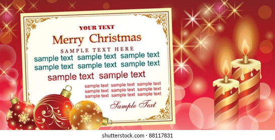 christmas postcard with balls and candles over red background
