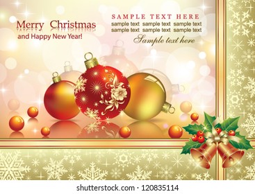 christmas postcard with balls and holiday ring