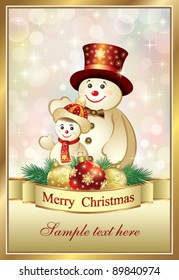 christmas postcard with balls and snowman over gold and pink background