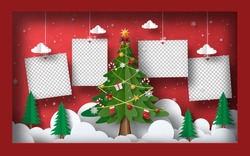 Christmas Postcard Banner Background, Blank Photo With Christmas Tree In Frame