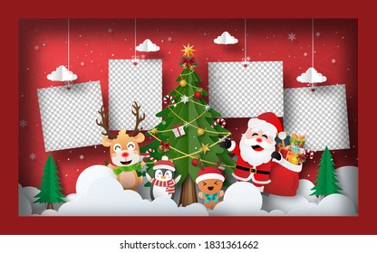 Christmas postcard banner background, Blank photo with Christmas Tree in frame