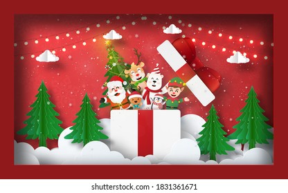 Christmas postcard banner background, Blank photo with Santa Claus and friends in gift box