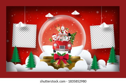Christmas postcard banner background, Blank photo with Santa Claus and friends in a Christmas ball in frame