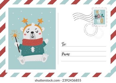 Christmas postcard banner with cute white bear. Funny character, place for text and mail stamp. Ready to print