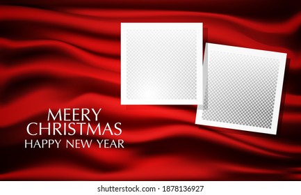 Christmas postcard banner  red cloth background with photo frame. Vector illustration.