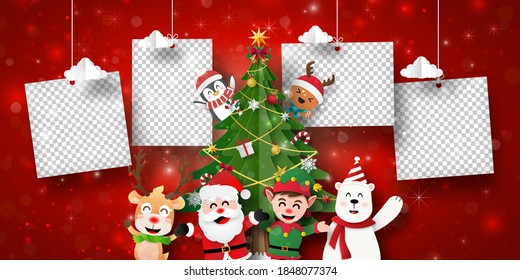 Christmas Postcard Banner Of Santa Claus And Friends With Photo Frame