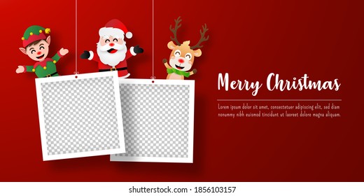 Christmas postcard banner of Santa Claus and friends with photo frame