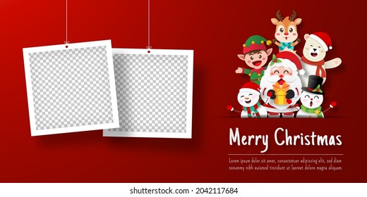 Christmas postcard banner of Santa Claus and friends with photo frame