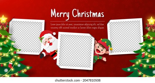 Christmas postcard banner of Santa Claus and elf with blank photo frame