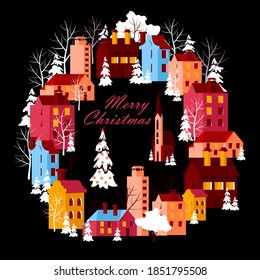 christmas postcard. beautiful Christmas city. vector image of colored houses on the square