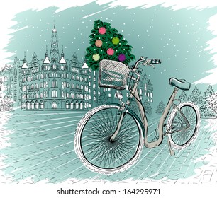 Christmas postcard with bicycle and Christmas tree