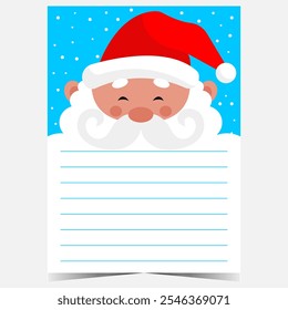 Navidades postal Plantilla en blanco con líneas vacías para llenar en la barba del personaje divertido Santa Claus. Listo para imprimir o para el Web Carta de Navidad o lista de deseos para los niños durante las vacaciones de invierno.