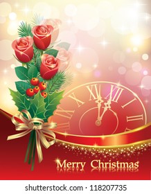 christmas postcard with bouquet of roses