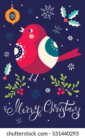 Christmas postcard with bullfinch