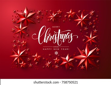 Christmas Postcard with Calligraphic Inscription Decorated with Red Stars. Chic Christmas Greeting Card.