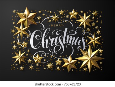 Christmas Postcard with Calligraphic Inscription Decorated with Gold Stars. Chic Christmas Greeting Card.