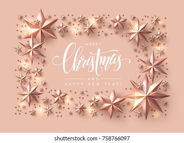 Christmas Postcard with Calligraphic Inscription Decorated with Rose Gold Stars. Chic Christmas Greeting Card.