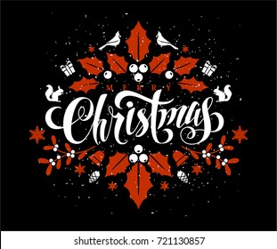 Christmas Postcard with Calligraphic Lettering Design decorated with Christmas Elements.