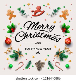 Christmas postcard with calligraphic season wishes and composition of festive elements such as cookies, candies, berries, christmas tree decorations, vector illustration.
