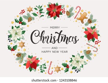 Christmas postcard with Calligraphic Season Wishes and Composition of Festive Elements such as Cookies, Candies, Berries, Christmas Tree Decorations. Vector illustration.