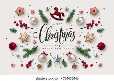 Christmas postcard with Calligraphic Season Wishes and Composition of Festive Elements such as Cookies, Candies, Berries, Christmas Tree Decorations.