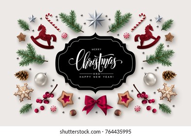 Christmas postcard with Calligraphic Season Wishes and Composition of Festive Elements such as Cookies, Candies, Berries, Christmas Tree Decorations.