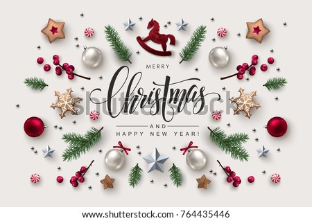 Christmas postcard with Calligraphic Season Wishes and Composition of Festive Elements such as Cookies, Candies, Berries, Christmas Tree Decorations.