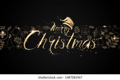 Christmas postcard with Calligraphy. Xmas objects with Sparkling lights garland. Luxury gold element background