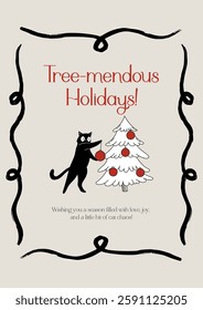 Christmas Postcard With Cat Decorating the Tree