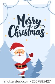 Christmas postcard with cheerful Santa Claus waving amidst snow-covered trees on light blue background. Cute winter illustration with Merry Christmas lettering in vector Christmas magic concept.