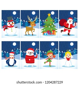 Christmas postcard collection with different cute characters and snow winter background