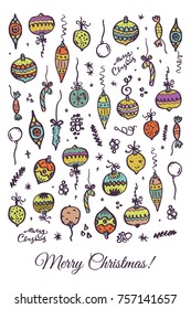 Christmas postcard with colorful hand-drawn decorations on white background
