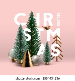 Christmas postcard with composition made of glass and plastic  Christmas trees, glass ornaments and festive elements. Vector Illustration.  