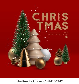 Christmas postcard with composition made of glass, wooden and plastic  Christmas trees, glass ornaments and festive elements. Vector Illustration.  