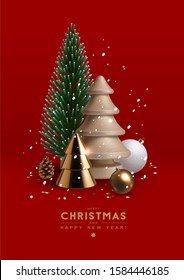 Christmas postcard with composition made of glass, wooden and plastic  Christmas trees, glass ornaments and festive elements. Vector Illustration.  