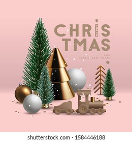 Christmas postcard with composition made of glass and plastic  Christmas trees, glass ornaments and wooden toy train. Vector Illustration.  