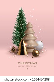 Christmas postcard with composition made of glass, wooden and plastic  Christmas trees, glass ornaments and festive elements. Vector Illustration.  