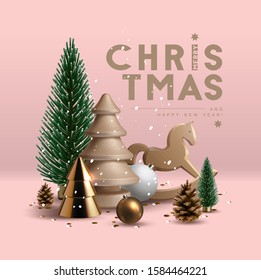 Christmas postcard with composition made of glass, wooden and plastic  Christmas trees, glass ornaments, festive elements and wooden toy rocking horse. Vector Illustration.  