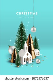 Christmas postcard with composition made of green and gold Christmas trees, glass ornaments and porcelain  toy buildings. Vector Illustration. 