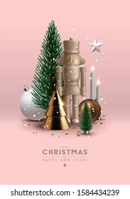 Christmas postcard with composition made of  Christmas trees, glass ornaments, festive elements and wooden nutcracker. Vector Illustration.  