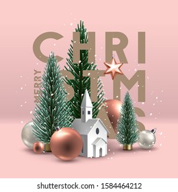 Christmas postcard with composition made of Christmas trees, glass ornaments and paper church building, with Star of Bethlehem above . Vector Illustration.  