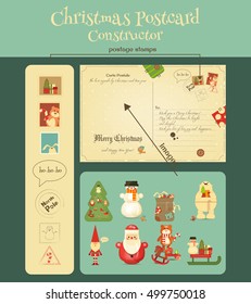 Christmas Postcard Constructor with Christmas and New Years Greeting. Backdrop of Postal Card and Set of Postage Stamps and Characters for Winter Gifts. Vector Illustration.