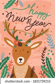 Christmas postcard with cute deer and mistletoe branches. Happy New Year vertical greeting card or poster with funny reindeer and graland on its horns. Vector flat cartoon illustration