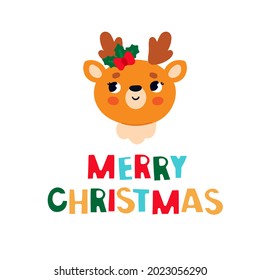 Una postal de Navidad con un ciervo lindo. Tarjeta de vector