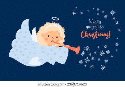 Christmas postcard. Cute little angel girl with trumpet on blue background with snowflakes. Horizontal Vector illustration in cartoon style. Xmas kids collection, new year , holiday design, decor