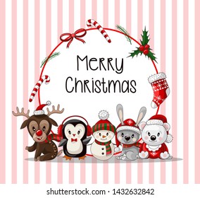 Christmas postcard with cute little animals. Vector.