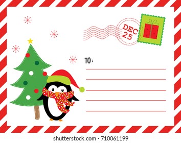 christmas postcard with cute penguin