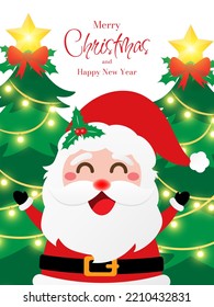 Christmas postcard of cute Santa Claus with Christmas tree, Merry Christmas